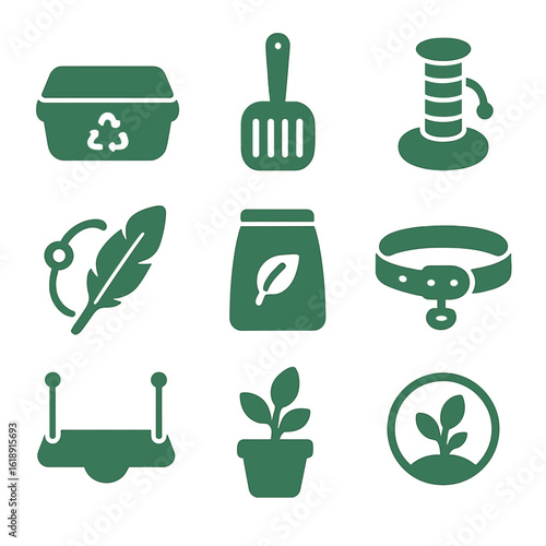 Eco-Friendly Cat Icons. Solid, filled icons set of green cat care items: recycled litter box, natural litter