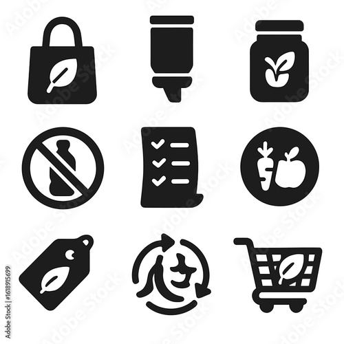Eco-Conscious Icon Set. Solid, filled icons set of eco-conscious grocery habits: reusable bag, bulk bin icon,