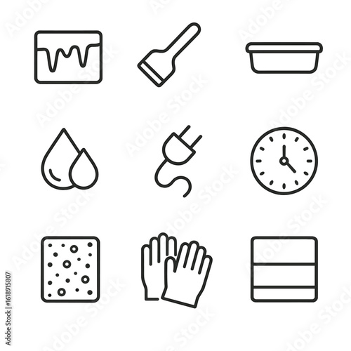 Freezer Defrosting Icons. Outline icon set of freezer defrosting process: ice buildup, frost scraper, drip tray, melting water