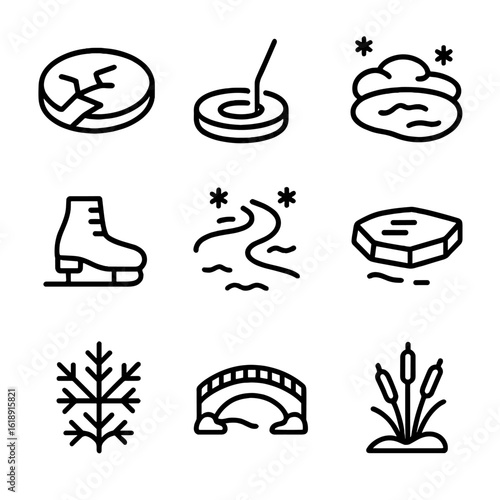 Frozen Water Icon Set. Outline icon set of frozen water bodies: frozen lake with crack, ice fishing hole, snow-covered pond, ice