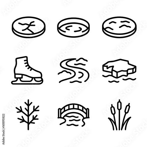Frozen Water Icon Set. Outline icon set of frozen water bodies: frozen lake with crack, ice fishing hole, snow-covered pond, ice
