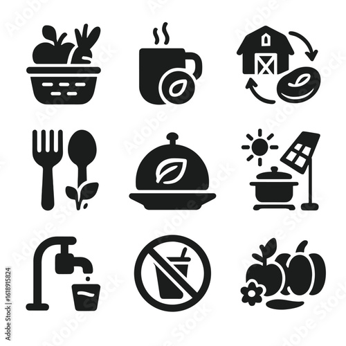 Eco-Friendly Icons Grid. Solid, filled icons set of eco-lodge food and beverage practices: local food basket,