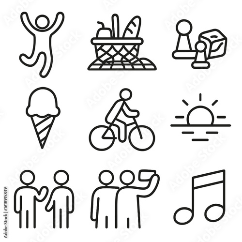 Fun Activity Icons. Outline icon set of spontaneous fun activities: jumping figure, picnic scene, board game pieces, ice cream