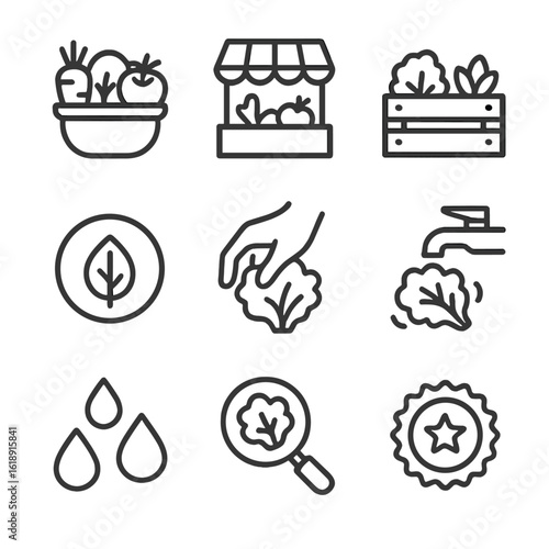 Fresh Produce Icons. Outline icon set of ingredient selection and freshness: basket of vegetables, farmers’ market stall, crate of