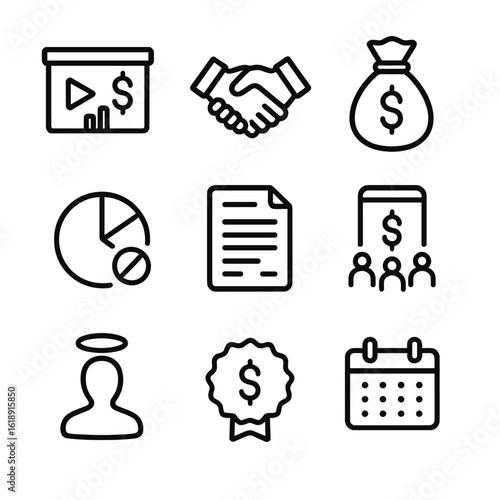 Funding Icon Set. Outline icon set of funding and pitching process: pitch deck slide, investor handshake, money bag, equity share