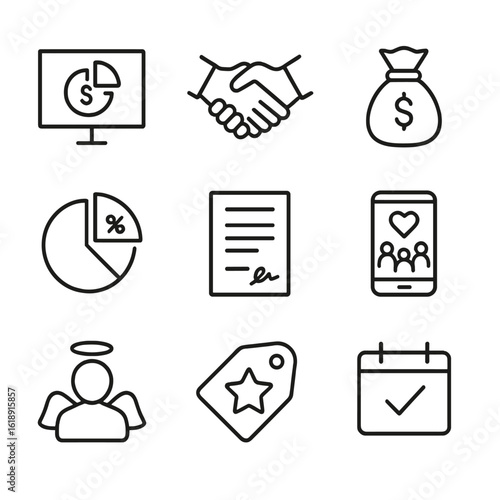 Funding Icon Set. Outline icon set of funding and pitching process: pitch deck slide, investor handshake, money bag, equity share