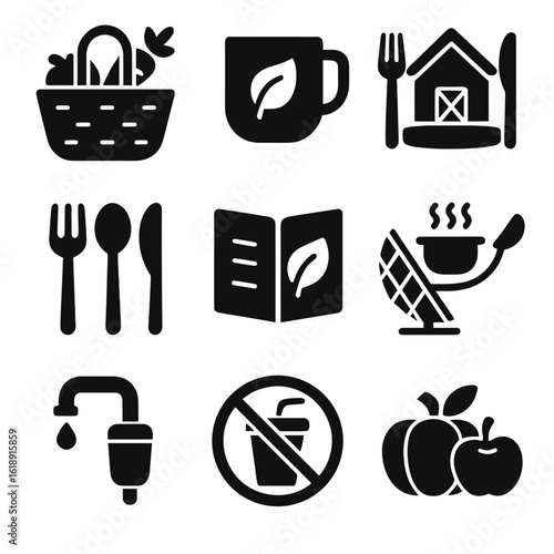 Eco-Friendly Icons Grid. Solid, filled icons set of eco-lodge food and beverage practices: local food basket,