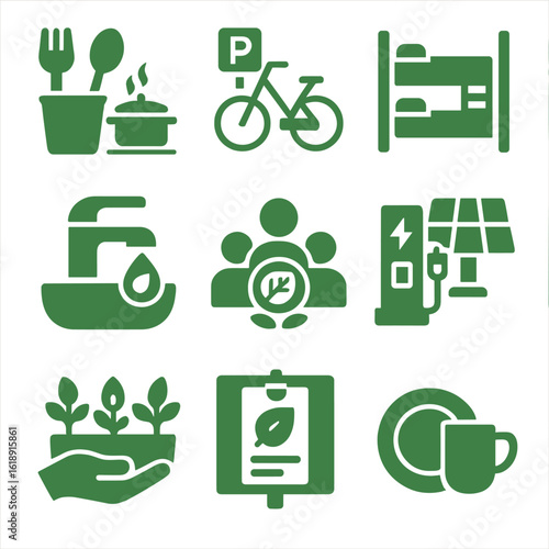 Eco-Friendly Hostel Icons. Solid, filled icons set of green hostel and community stays: shared kitchen,