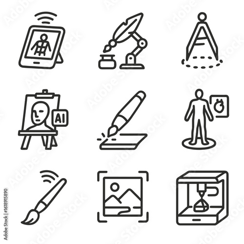 Futuristic Workshop Icons. Outline icon set of futuristic Renaissance workshop: holographic sketchpad, robotic quill, laser