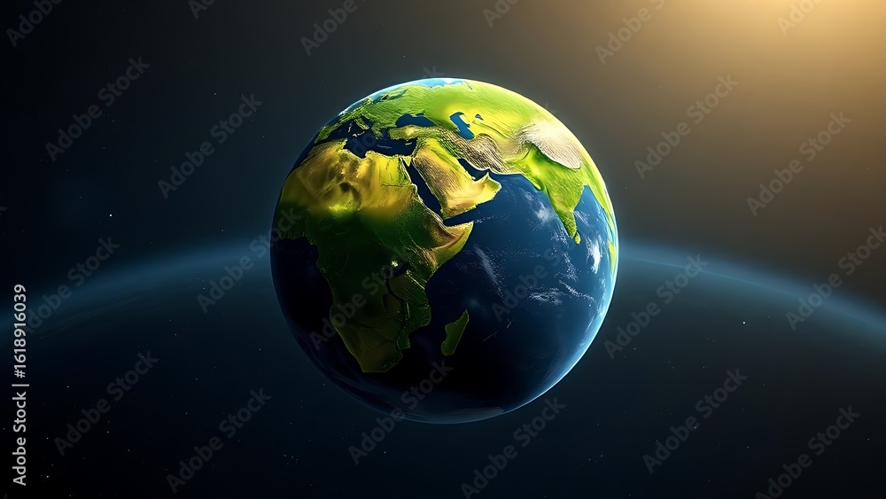 Fototapeta premium Earth globe floating in space, lush green continents glowing with an atmospheric effect.