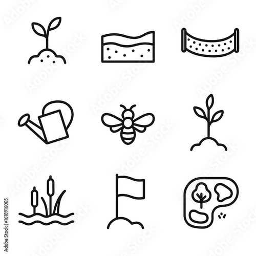 Habitat Restoration Icons. Outline icon set of habitat restoration: native seedling, soil layer profile, erosion control barrier,
