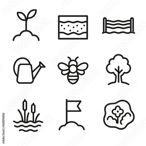 Habitat Restoration Icons. Outline icon set of habitat restoration: native seedling, soil layer profile, erosion control barrier,