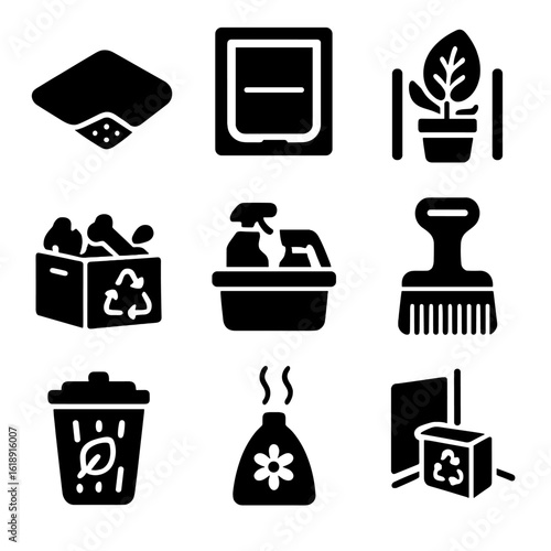 Eco-Living Pet Essentials. Solid, filled icons set of eco-living with pets at home: reusable rug pad, pet door