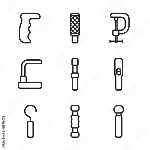 Handle Design Icons. Outline icon set of handle design variations: ergonomic grip, textured surface, adjustable clamp, foldable