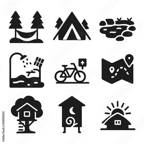 Eco-Resort Icons. Solid, filled icons set of eco-resort outdoor settings: hammock in nature, glamping tent,