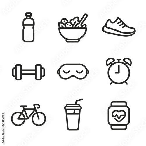 Healthy Lifestyle Icons. Outline icon set of healthy routines: water bottle, salad bowl, running shoes, dumbbell, sleep mask,