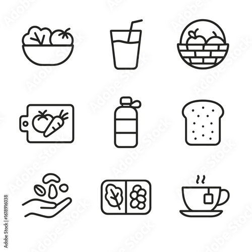 Healthy Eating Icons. Outline icon set of healthy eating: salad bowl, smoothie glass, fruit basket, chopping board with vegetables