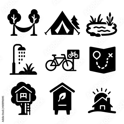 Eco-Resort Icon Set. Solid, filled icons set of eco-resort outdoor settings: hammock in nature, glamping tent,