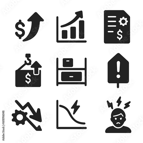 Economic Impact Icons. Solid, filled icons set of economic impact from supply chain issues: rising cost arrow,