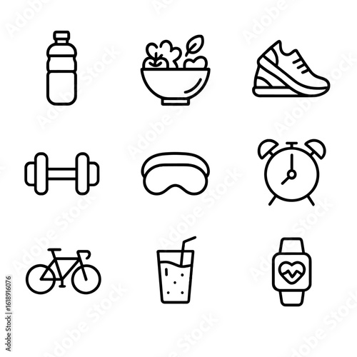 Healthy Lifestyle Icons. Outline icon set of healthy routines: water bottle, salad bowl, running shoes, dumbbell, sleep mask,