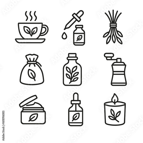 Herb Garden Icon Set. Outline icon set of herb garden products: herbal tea cup, essential oil dropper, dried herb bundle, herb