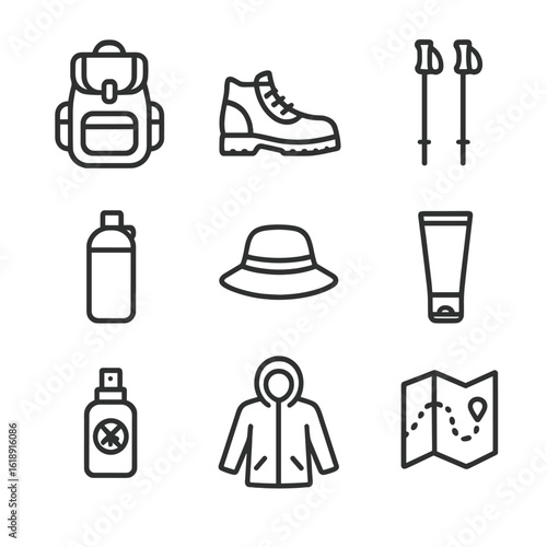 Hiking Gear Icons. Outline icon set of hiking gear for June: backpack, hiking boots, trekking poles, water bottle, sun hat,