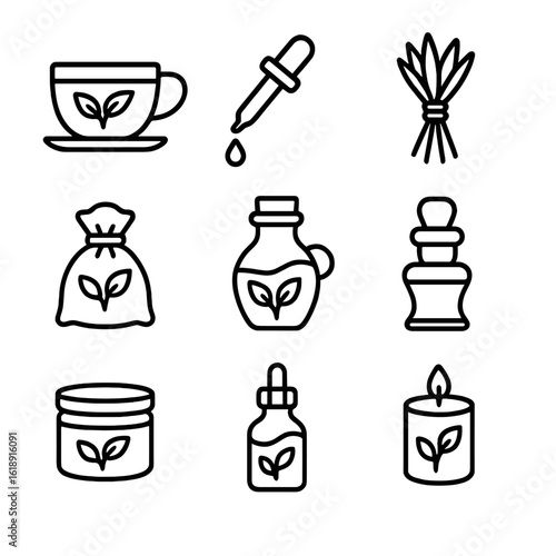 Herb Garden Icon Set. Outline icon set of herb garden products: herbal tea cup, essential oil dropper, dried herb bundle, herb