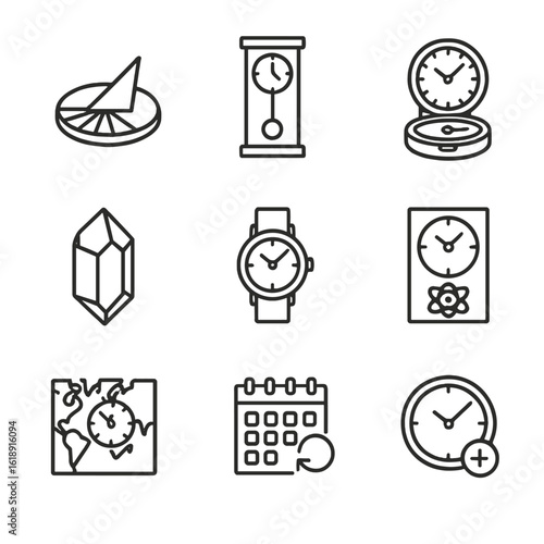 History of Timekeeping. Outline icon set of historical time standards evolution: sundial, pendulum clock, marine chronometer,