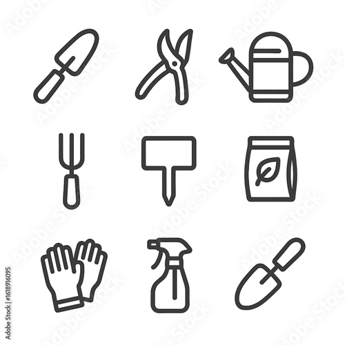 Herb Garden Tool Icons. Outline icon set of herb garden tools: trowel, pruning shears, watering can, garden fork, plant marker,