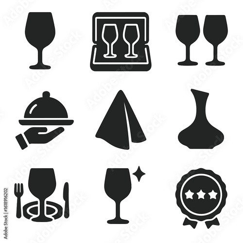 Elegant Stemware Icons. Solid, filled icons set of luxury and fine dining stemware: premium glass icon, velvet