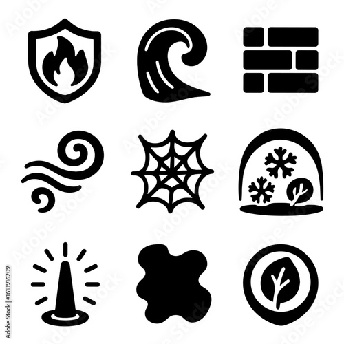 Elemental Magic Icons. Solid, filled icons set of elemental magic forces: fire barrier, water veil, stone wall