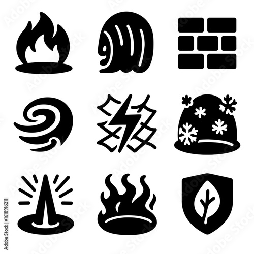 Elemental Magic Icon Set. Solid, filled icons set of elemental magic forces: fire barrier, water veil, stone