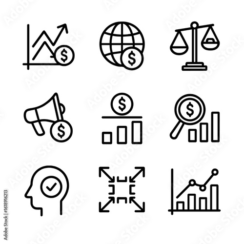 Investment Strategy Icons. Outline icon set of investment strategies: long/short equity, global macro, arbitrage, event-driven,