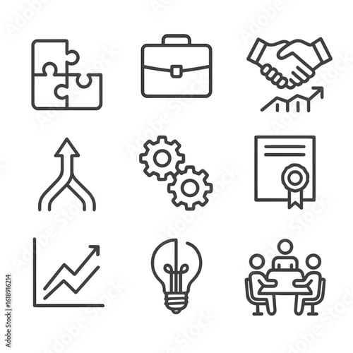 Joint Venture Icons. Outline icon set of Joint venture processes: puzzle pieces fitting, shared briefcase, handshake over chart,