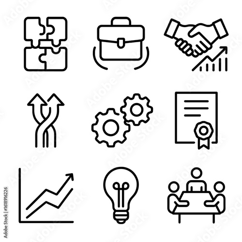 Joint Venture Icons. Outline icon set of Joint venture processes: puzzle pieces fitting, shared briefcase, handshake over chart,