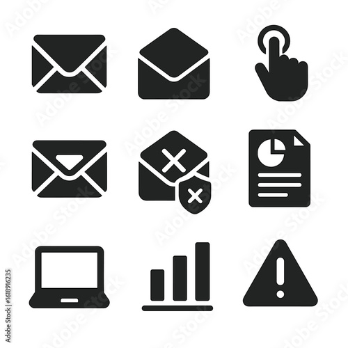 Email Campaign Icons. Solid, filled icons set of email campaign tracking: envelope, open rate, click icon,