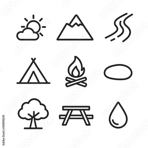 June Landscape Icons. Outline icon set of June landscape and weather elements: sun with partial cloud, mountain peak, flowing