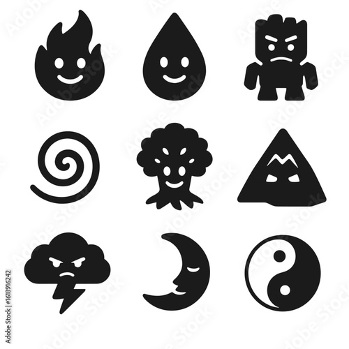 Elemental Spirit Icons. Solid, filled icons set of elemental and nature spirits: fire spirit, water droplet