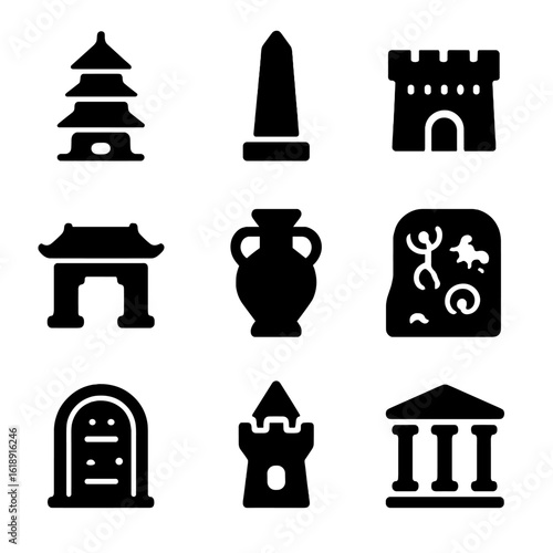 Cultural Heritage Icons. Solid, filled icon set of cultural heritage architecture: pagoda, obelisk, fort, palace gate, ancient
