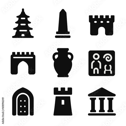 Cultural Heritage Icons. Solid, filled icon set of cultural heritage architecture: pagoda, obelisk, fort, palace gate, ancient