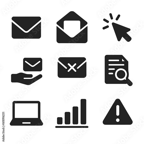 Email Campaign Icons. Solid, filled icons set of email campaign tracking: envelope, open rate, click icon,