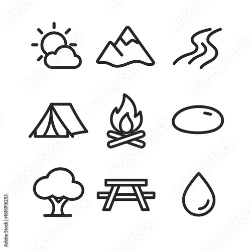 June Landscape Icons. Outline icon set of June landscape and weather elements: sun with partial cloud, mountain peak, flowing