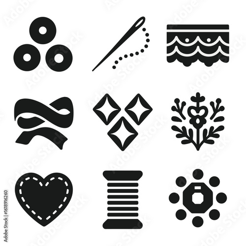Embellishment Icons Grid. Solid, filled icons set of embellishment and detailing: sequins icon, beading needle