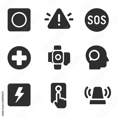 Emergency Icons Grid. Solid, filled icons set of emergency and panic systems: panic button, alert icon, SOS
