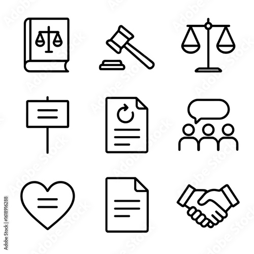 Justice and Reform Icons. Outline icon set of justice and reform concepts: law book, gavel, scale of justice, protest banner,