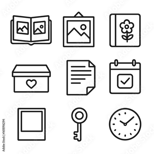 Keepsake Memory Icons. Outline icon set of keepsake memories: photo album, framed picture, scrapbook, memory box, handwritten