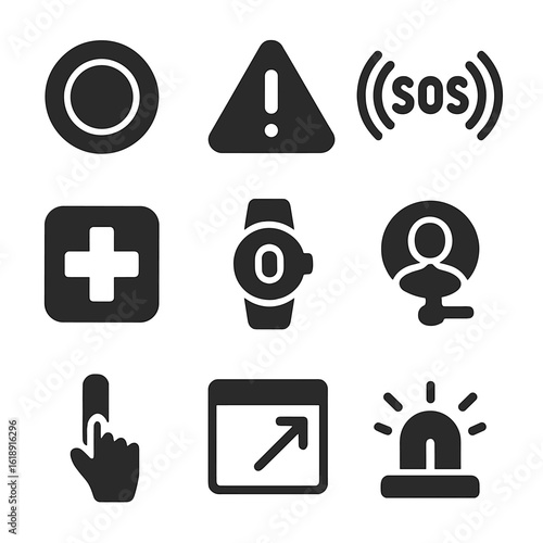 Emergency Icons Grid. Solid, filled icons set of emergency and panic systems: panic button, alert icon, SOS