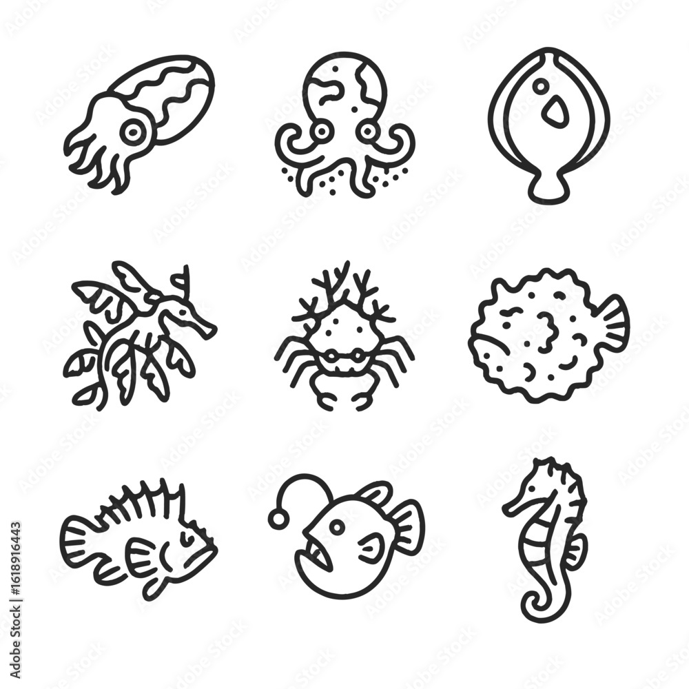 Naklejka premium Marine Camouflage Icons. Outline icon set of Camouflage and mimicry: cuttlefish pattern, octopus skin change, flounder outline,