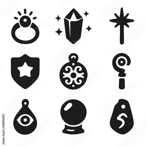 Enchanted Artifacts Icons. Solid, filled icons set of enchanted artifacts: magic ring, glowing crystal, wand