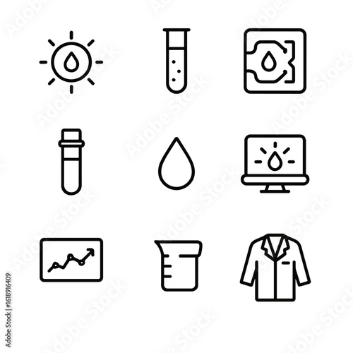 Luminescent Diagnostic Icons. Outline icon set of luminescent medical diagnostics: bioluminescent assay, test tube, microfluidic